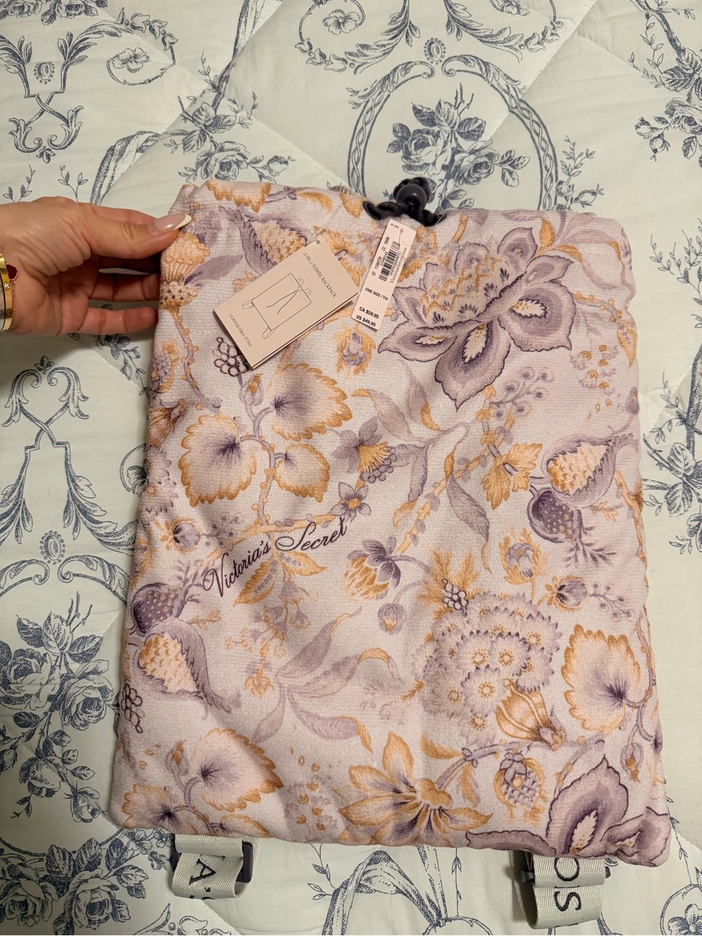 Victoria's Secret Lavender and Gold Floral Quilted Tote